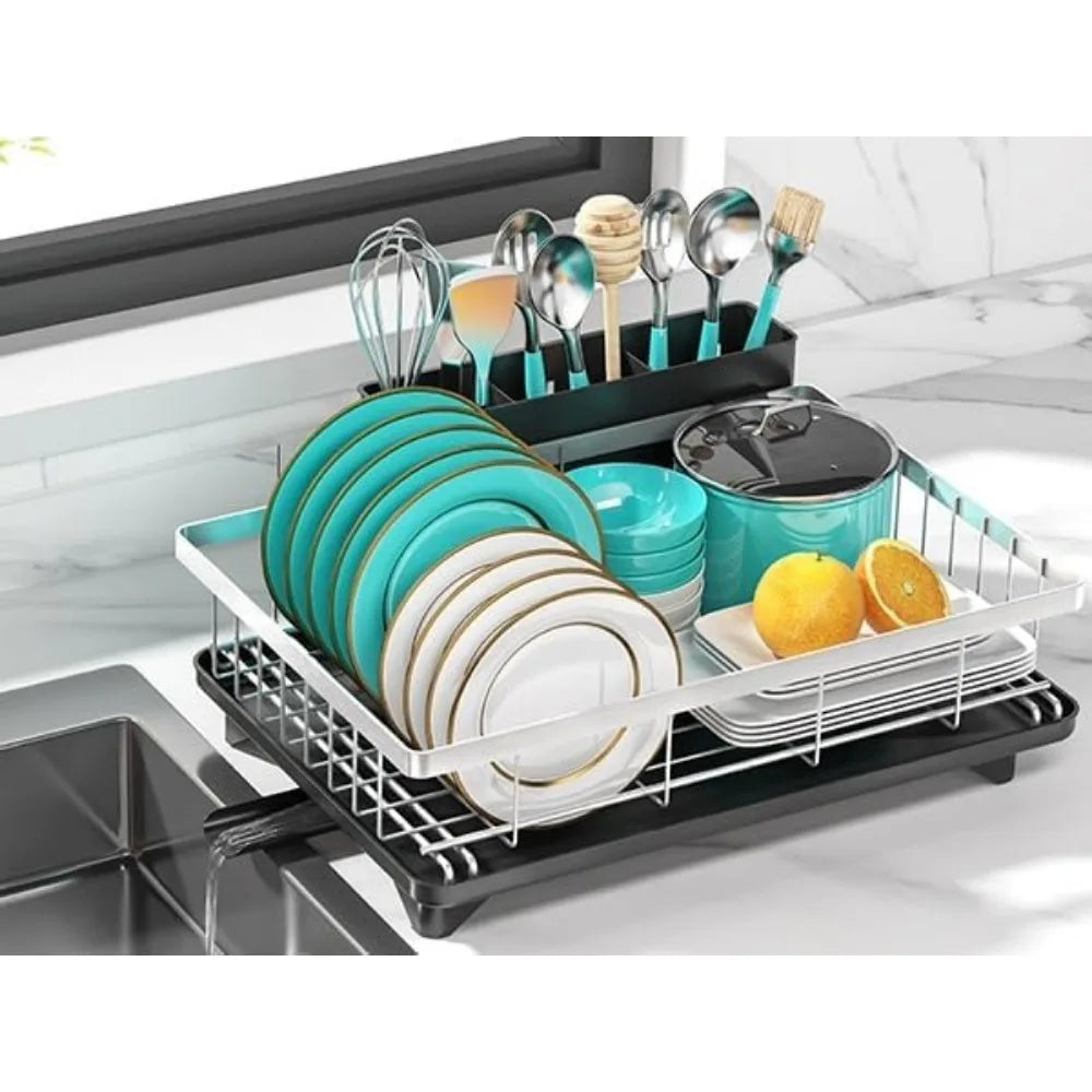 Rustproof Dish Drying Rack with Large 3-Compartment Utensil Holder for Kitchen Sink