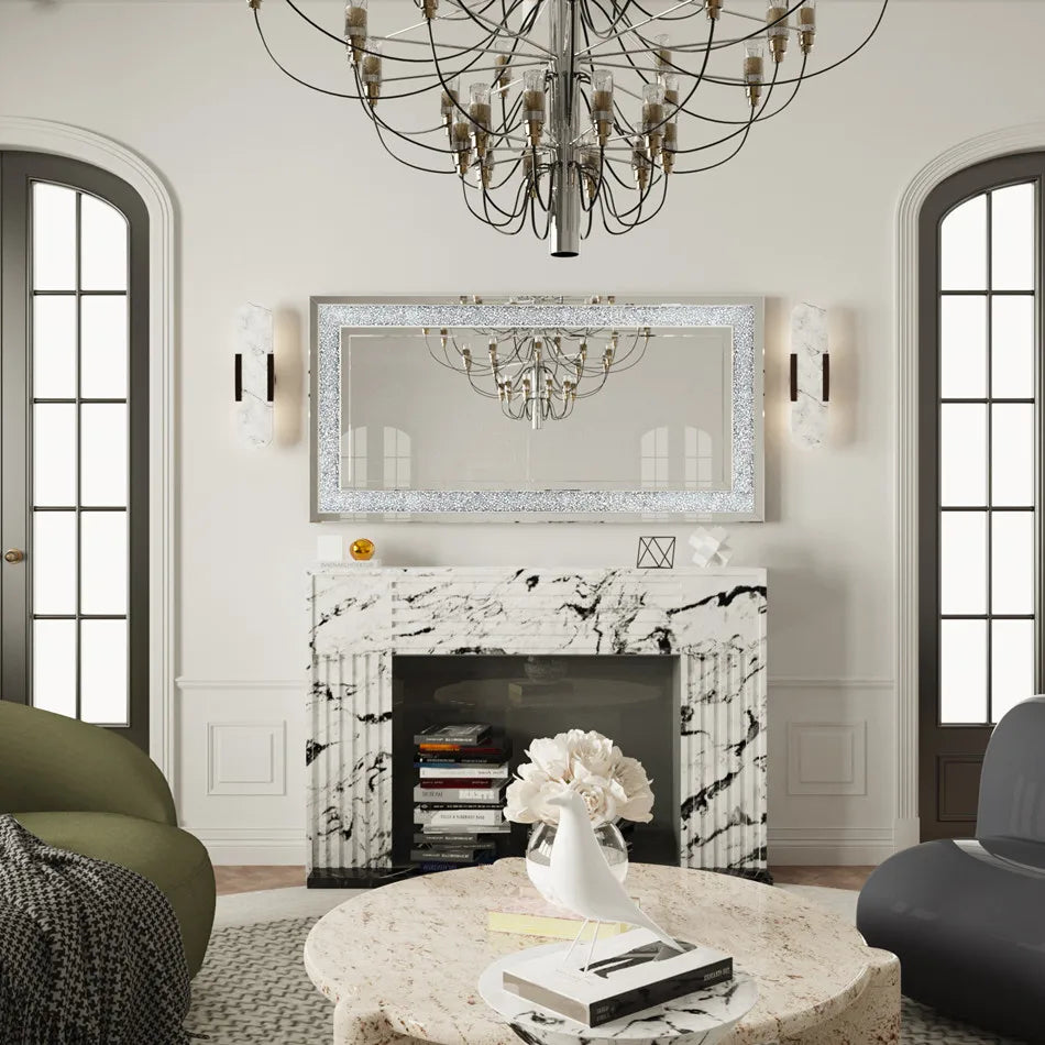 LUVODI Large Silver Rhinestone Vanity Mirror Frameless Crystal Diamond Wall Mirror for Bedroom, Bathroom.