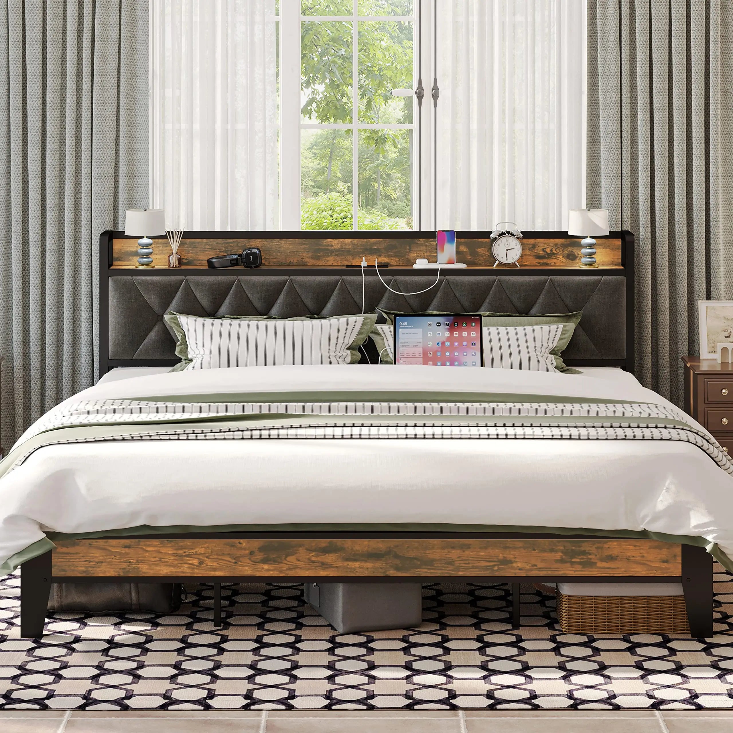 Twin/Twin XL/Full// Bed Frames, Storage Headboard with Outlets, No Noise, No Box Springs Needed