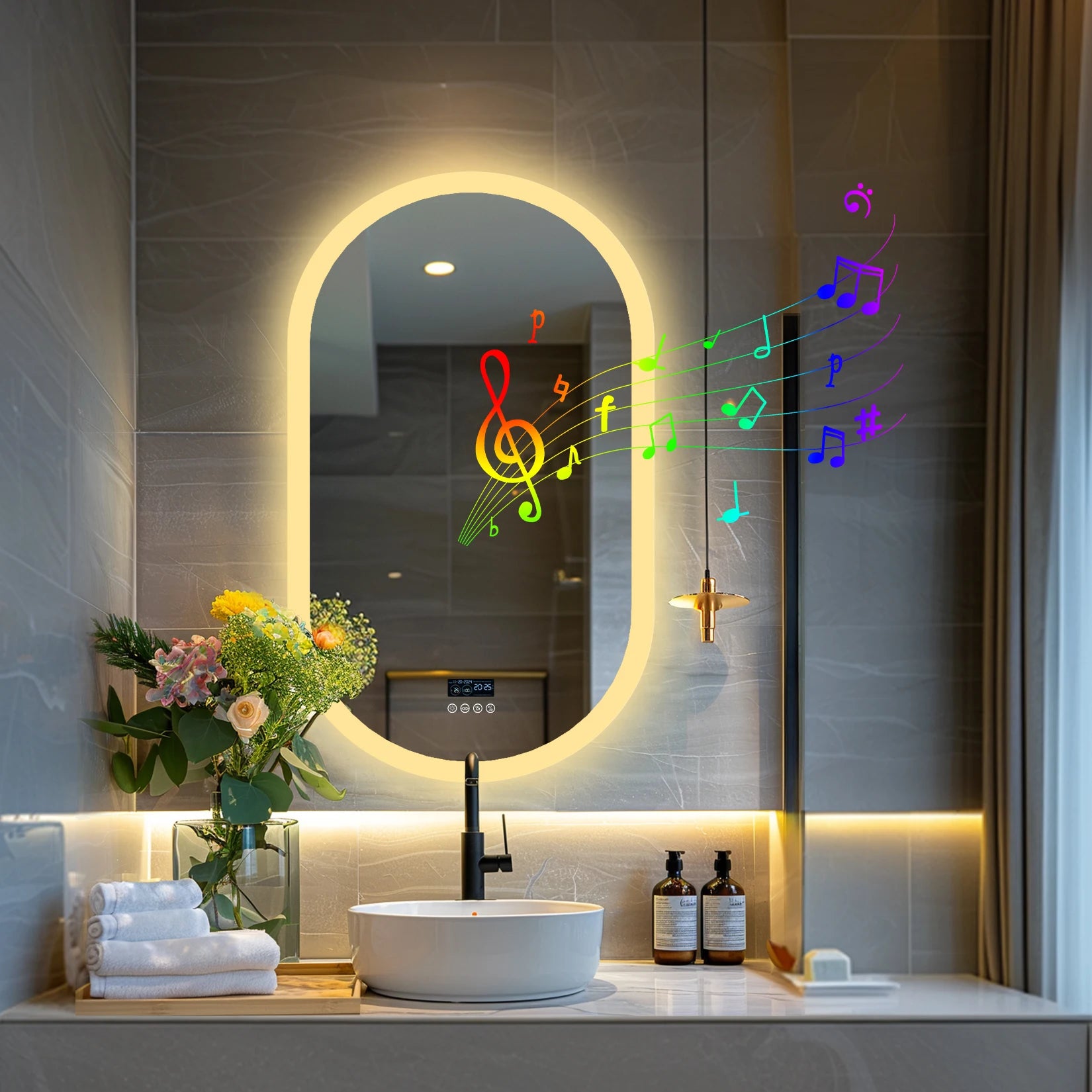 Oval LED Bathroom Mirror with Lights, Anti-Fog, Bluetooth Speaker, 3 Colors Temperature Dimmable Lighted  Waterproof