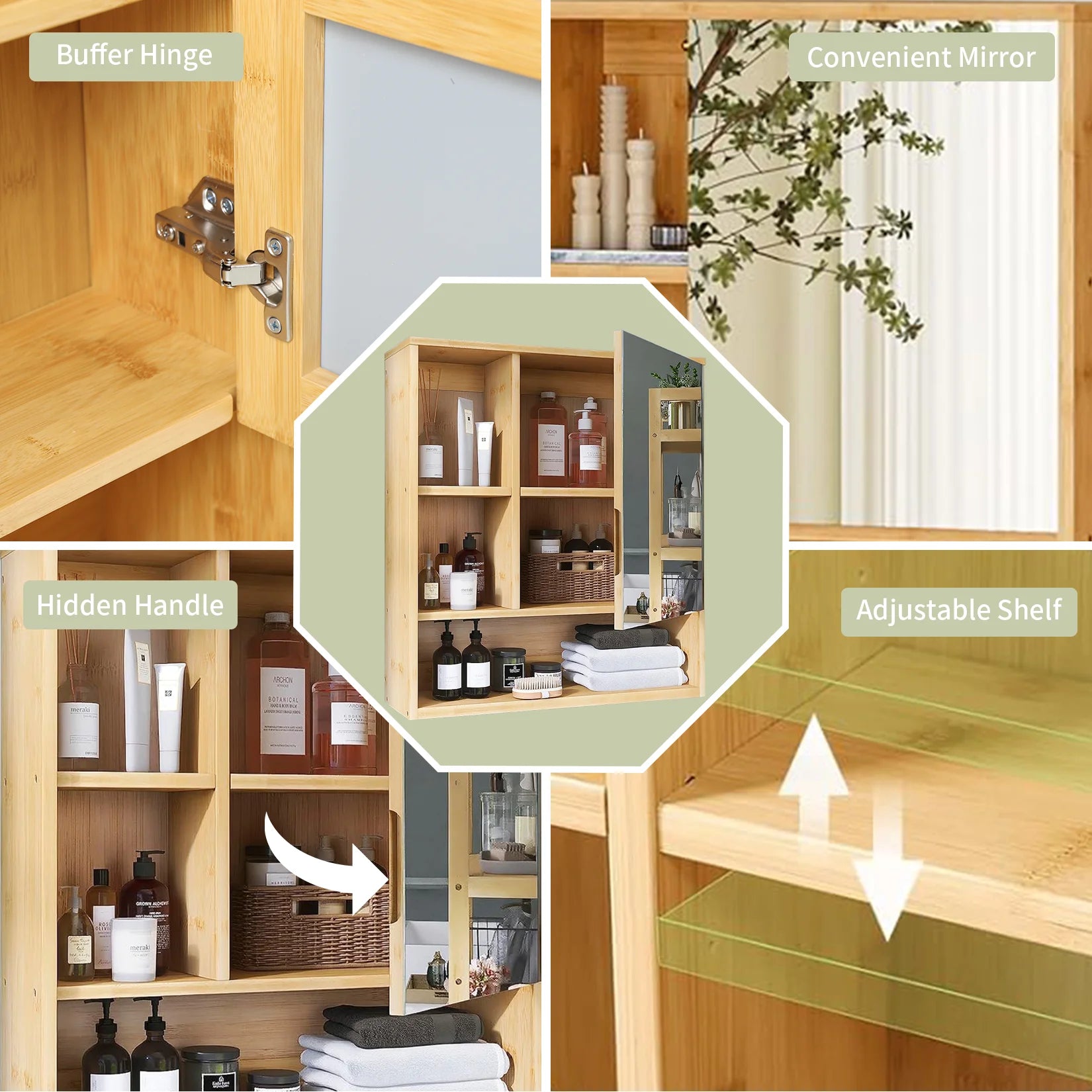Natural Bamboo Bathroom  Medicine Cabinet with Mirror & 5 Open-Shelves