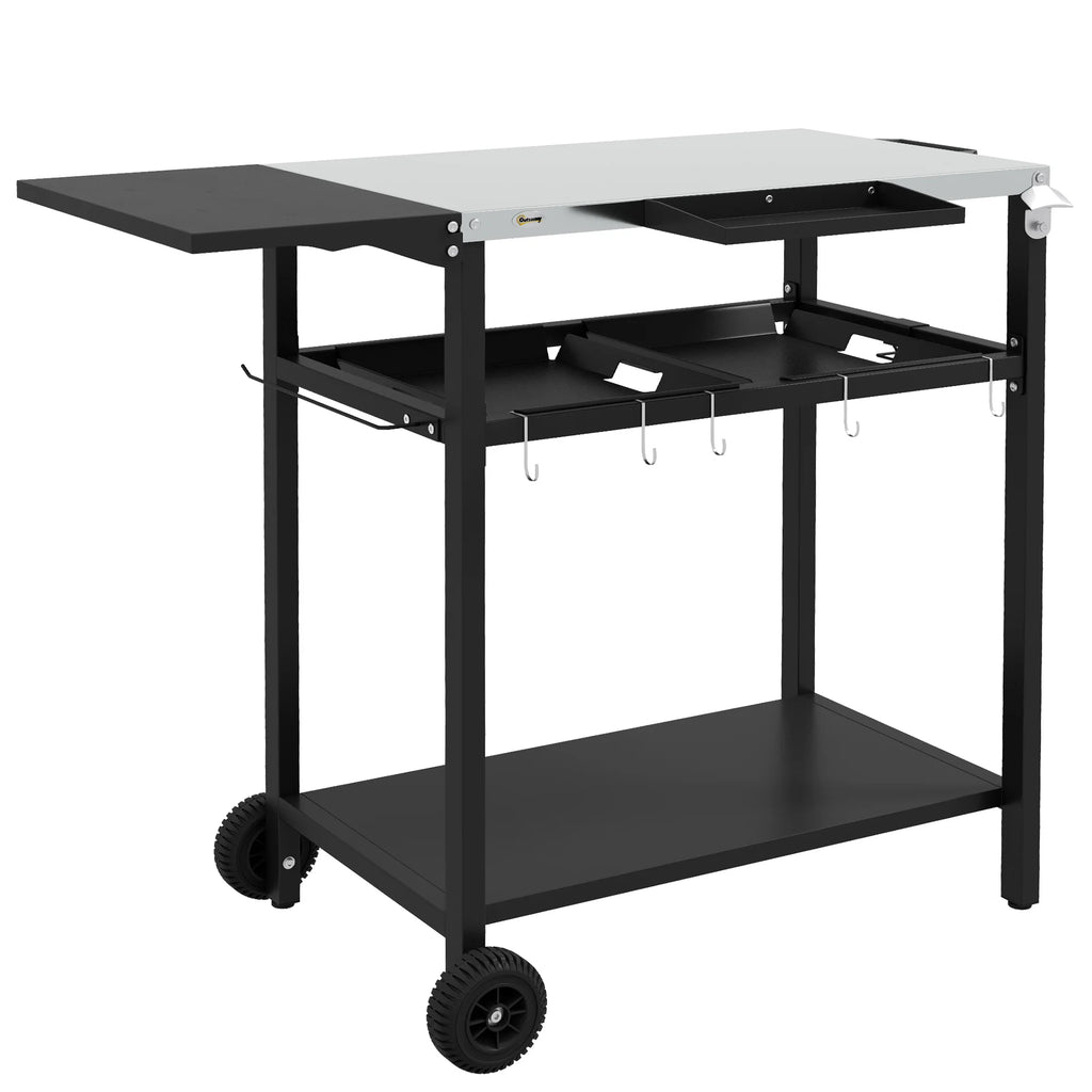 Outdoor Bar Table w/ 2-Tier Shelf, Serving Cart w/ Wheels