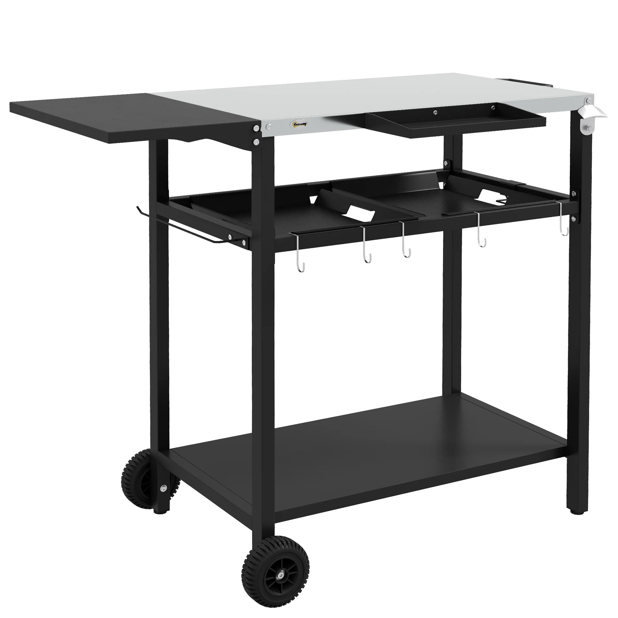 Outdoor Bar Table w/ 2-Tier Shelf, Serving Cart w/ Wheels