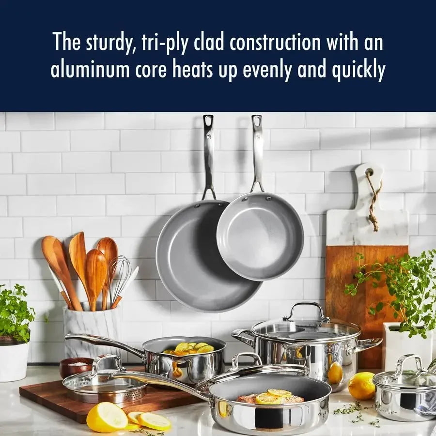 Clad H3 10pc Ceramic Nonstick  Induction Cookware Set,  Durable Stainless Steel, Easy to clean