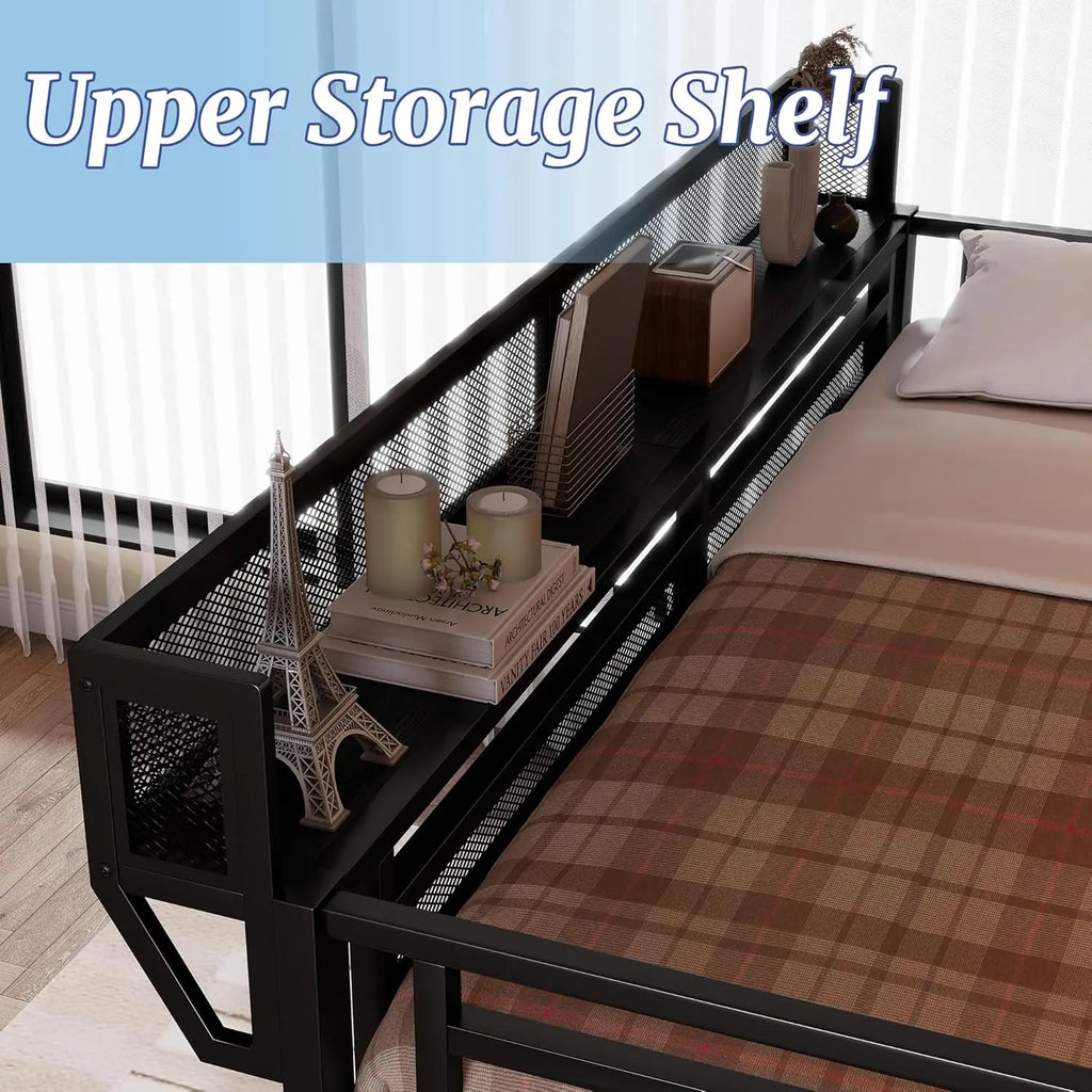 Queen  Metal Loft Bed with Stairs,  Storage, Wardrobe,& Bedside Shelf