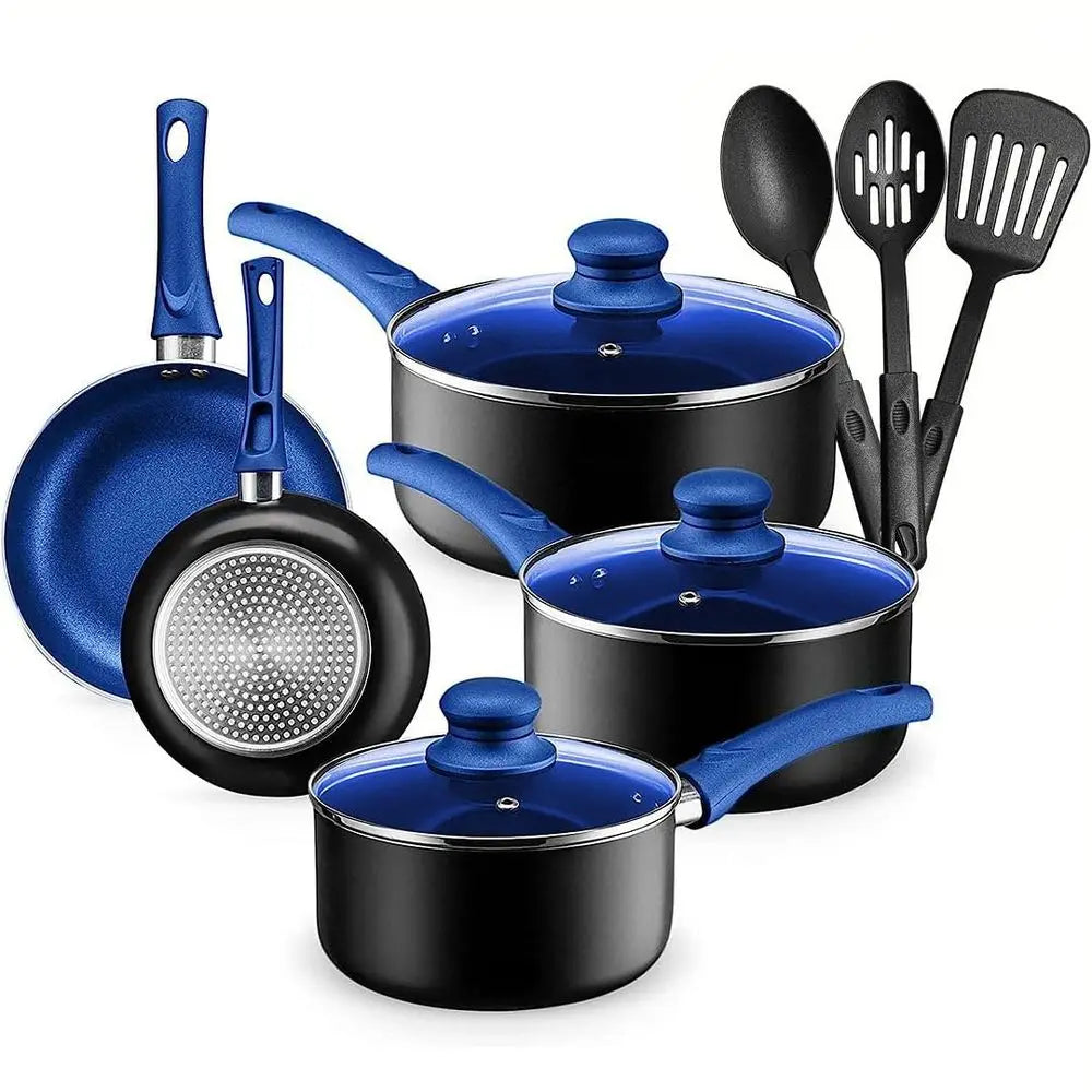 11 piece Blue Pots & Pan Aluminum Cookware Set, Nonstick
