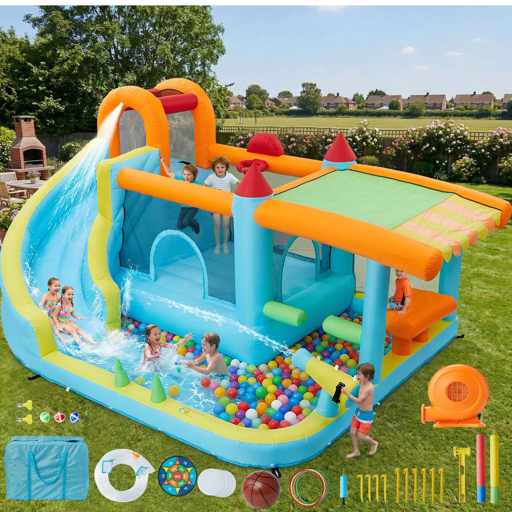 14FT Kids Bounce House With Slide & 450W Blower, 12-in-1 Inflatable Water Bouncer Party Castle Play