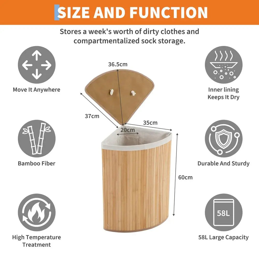 Laundry  Corner Basket with Lid, with Removable Liner, Vertical Slatted  Hamper with Handle, Triangle Clot