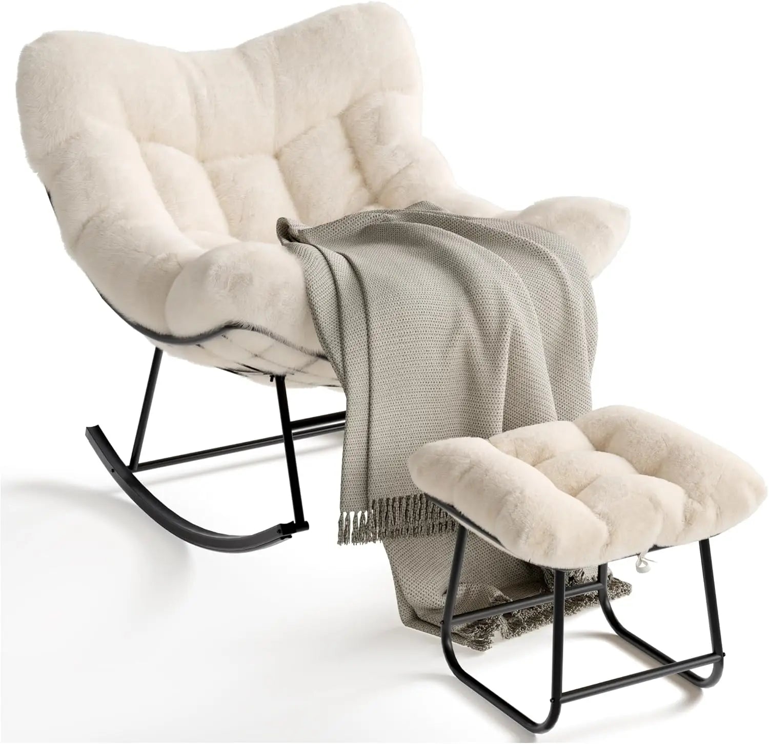 Outdoor Oversized Papasan Rattan Egg  Rocking Chair with Footrest, For, Patio ,  Balcony, Backyard ,Porch, Bedroom.