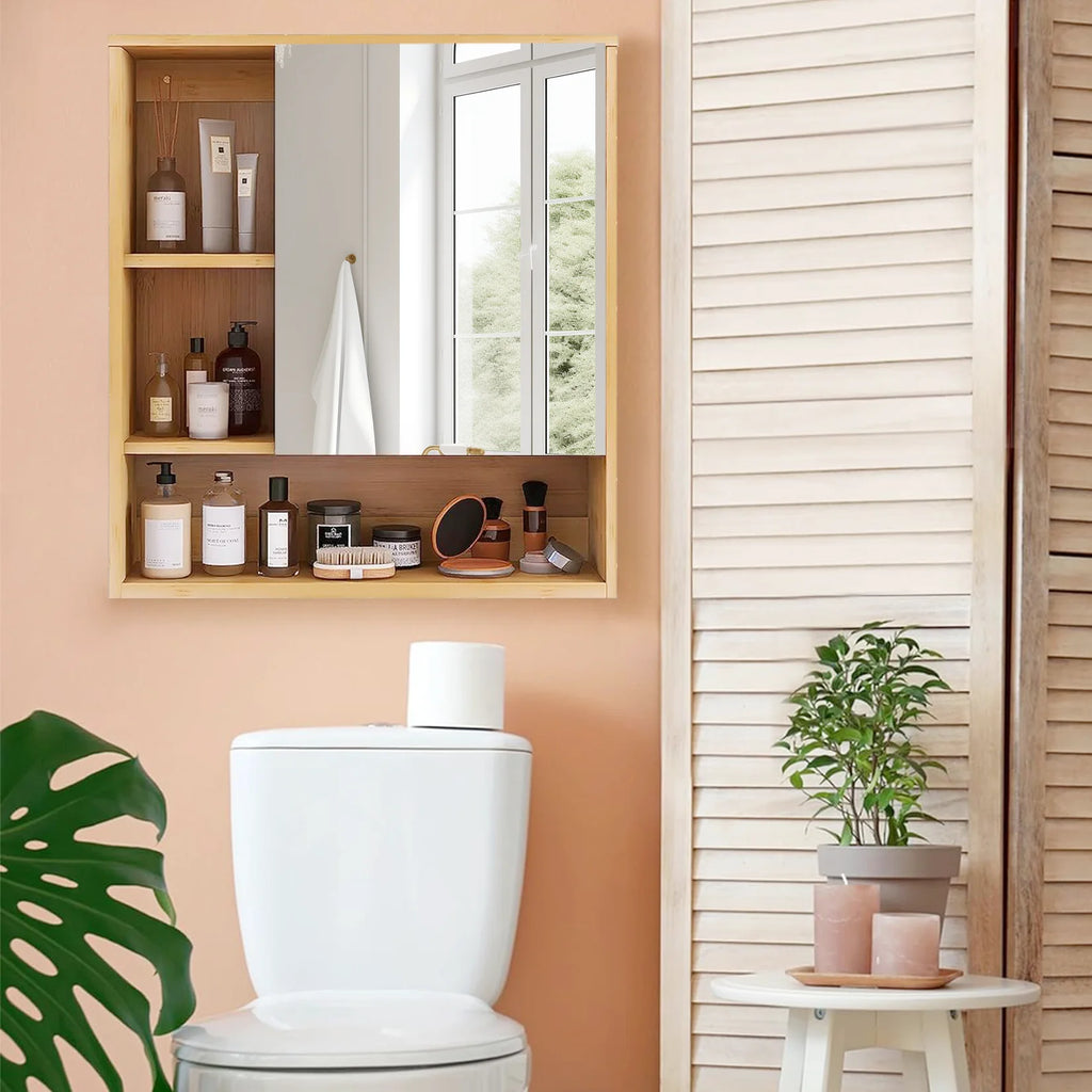 Natural Bamboo Bathroom  Medicine Cabinet with Mirror & 5 Open-Shelves