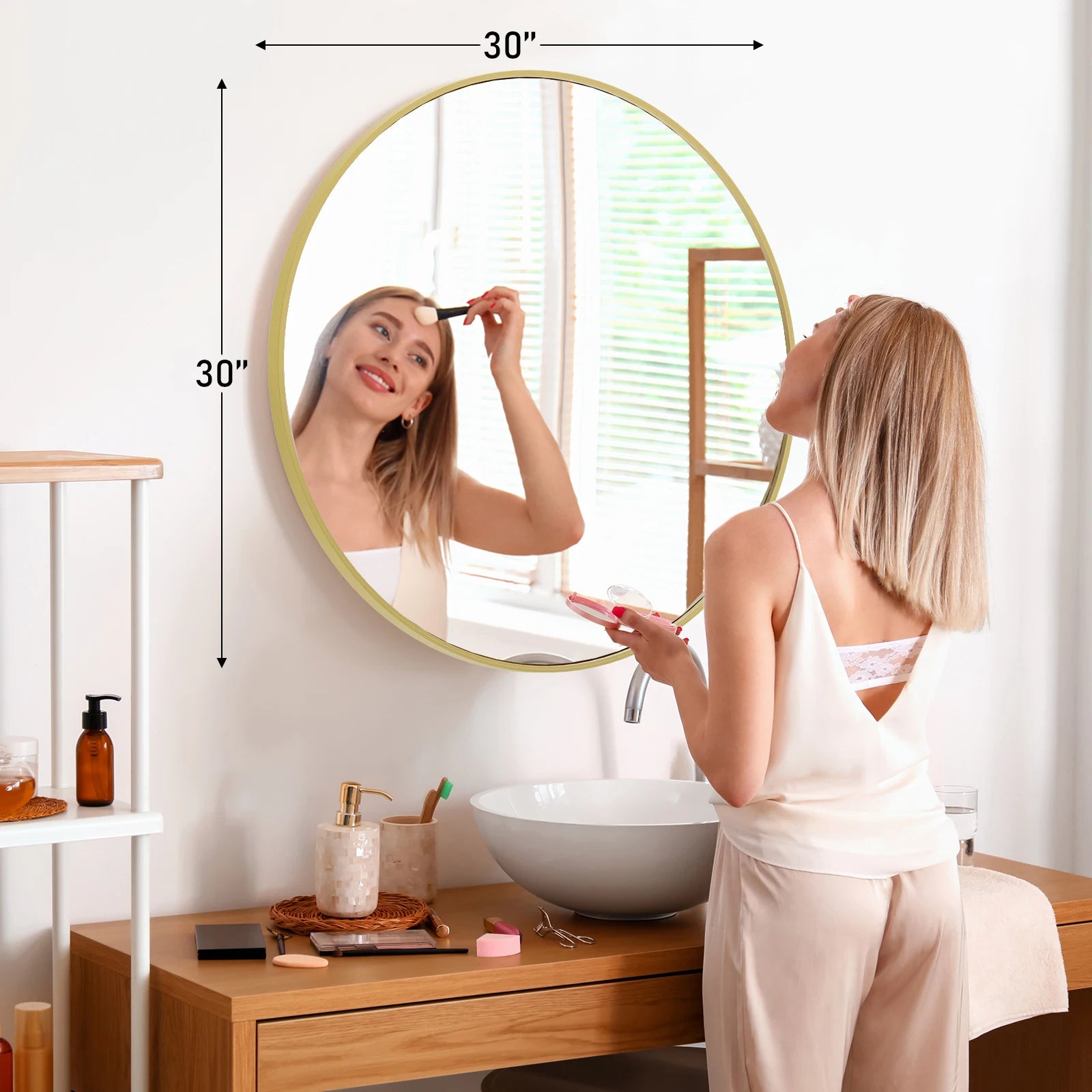 JHK 30"Gold Round wall  Mirror  Matte Metal Framed  Tempered Glass