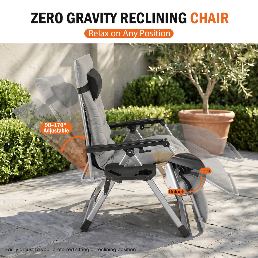Reclining Camping Lounge Chair Soft Cushion Patio Chairs with Cup Holder Trays and Removable Cushion Folding