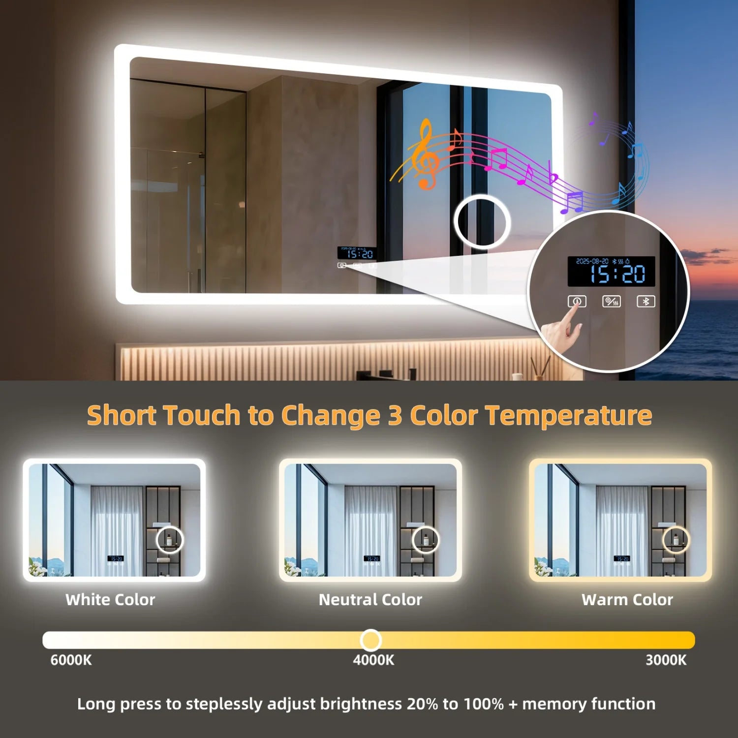 LED Bathroom Mirror with Bluetooth Dimmable Backlit  with 3X Magnifier and Screen Display