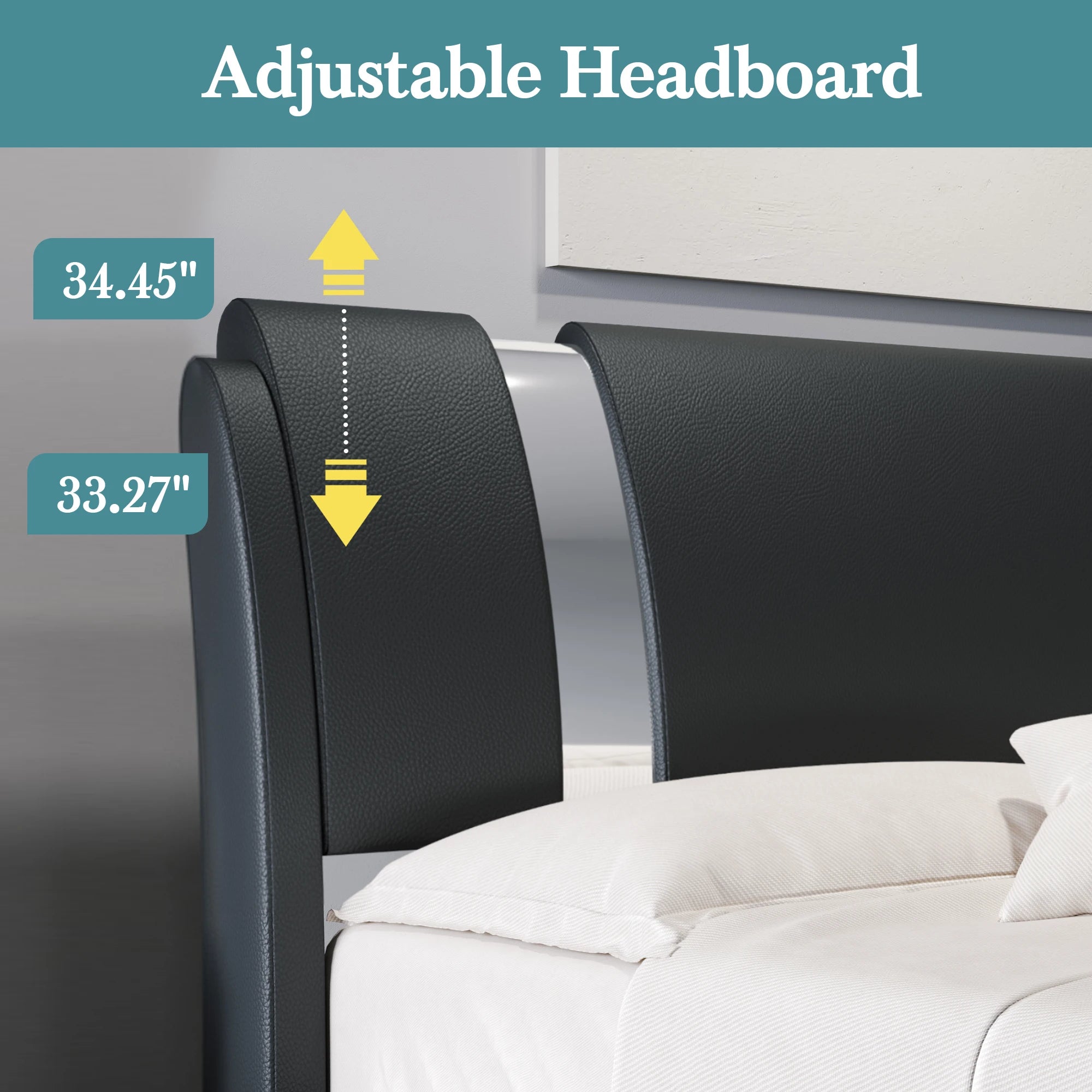 Faux Leather Bed Frame with Iron Pieces Decor, Low Platform  with Height-Adjustable Headboard