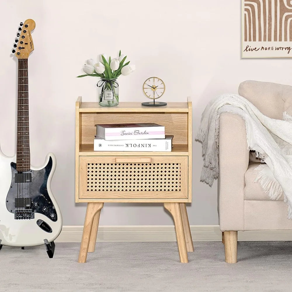 Wooden  Nightstand with Drawer and Open Shelf Solid Wood Legs Ideal  for Bedroom Dorm Small Space