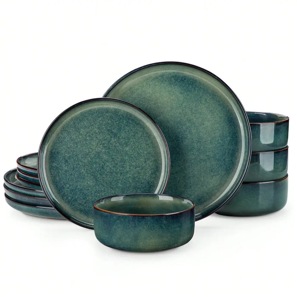 12 Pieces Kitchen Dinnerware Set, Green, Stoneware Dinnerware ,Set for 4 Round
