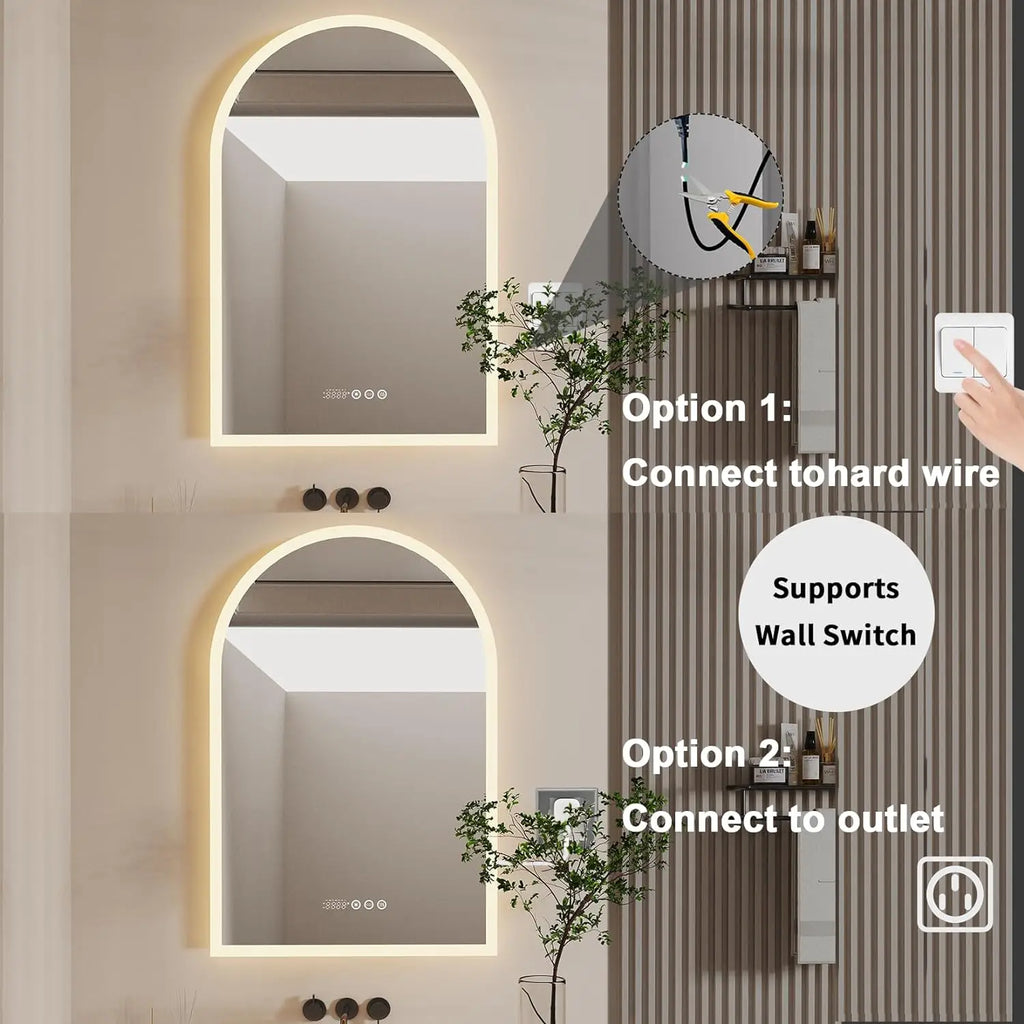 Backlit Smart LED Bathroom Mirror: 36 x 24 Inch Arched Dimmable 3 Colors Anti-Fog Lighted Mirrors with Time Temperature