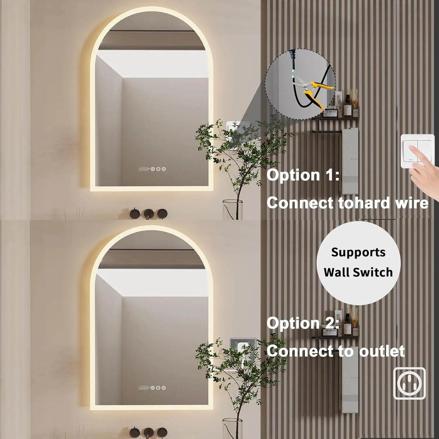 Backlit Smart LED Bathroom Mirror: 36 x 24 Inch Arched Dimmable 3 Colors Anti-Fog Lighted Mirrors with Time Temperature