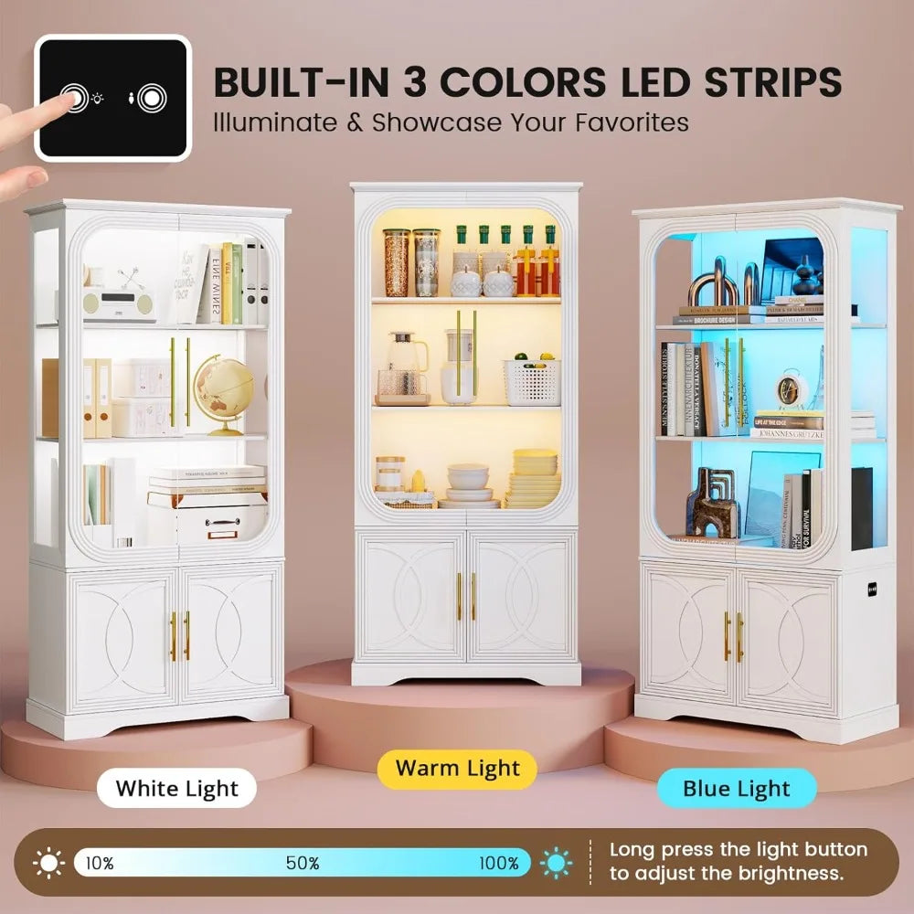 Display Cabinet with Glass Doors, 69 in Tall Bookcase with LED Lights,