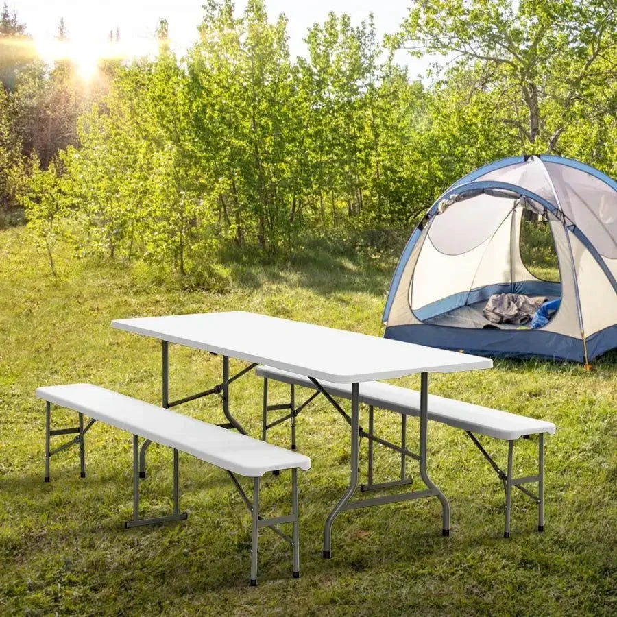 Picnic Table Set with 2 Benches, 6 Feet 3 Piece Set Folding