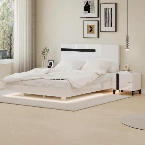 High Gloss 3-Piece  Queen Bedroom Set with Floating LED  Platform Bed  & 2 Nightstands,
