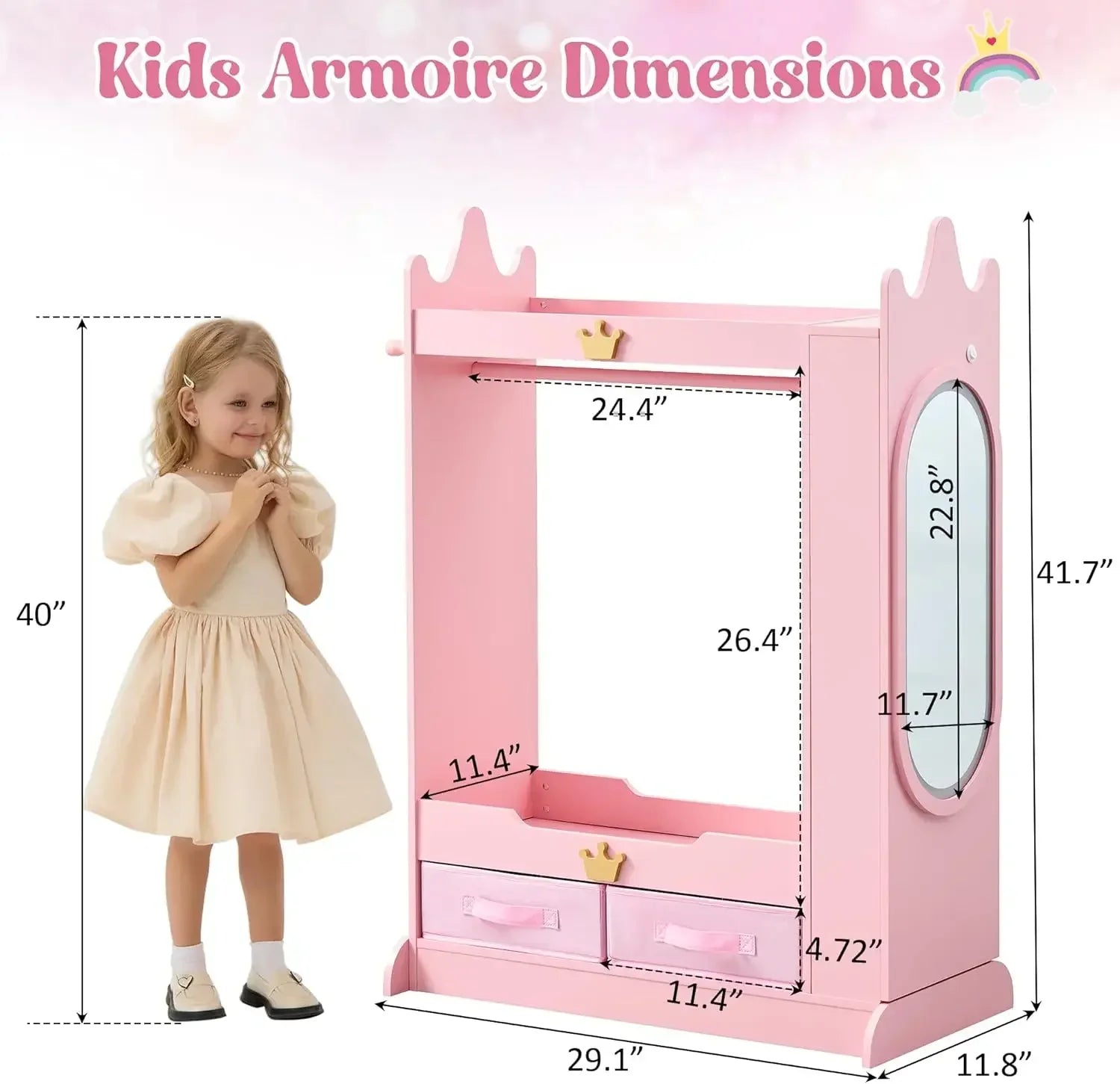 Kids Princess Armoire  - Wardrobe Closet with Dual Mirrors, Hidden Jewelry Cabinet, Shelves & Hanging Rack