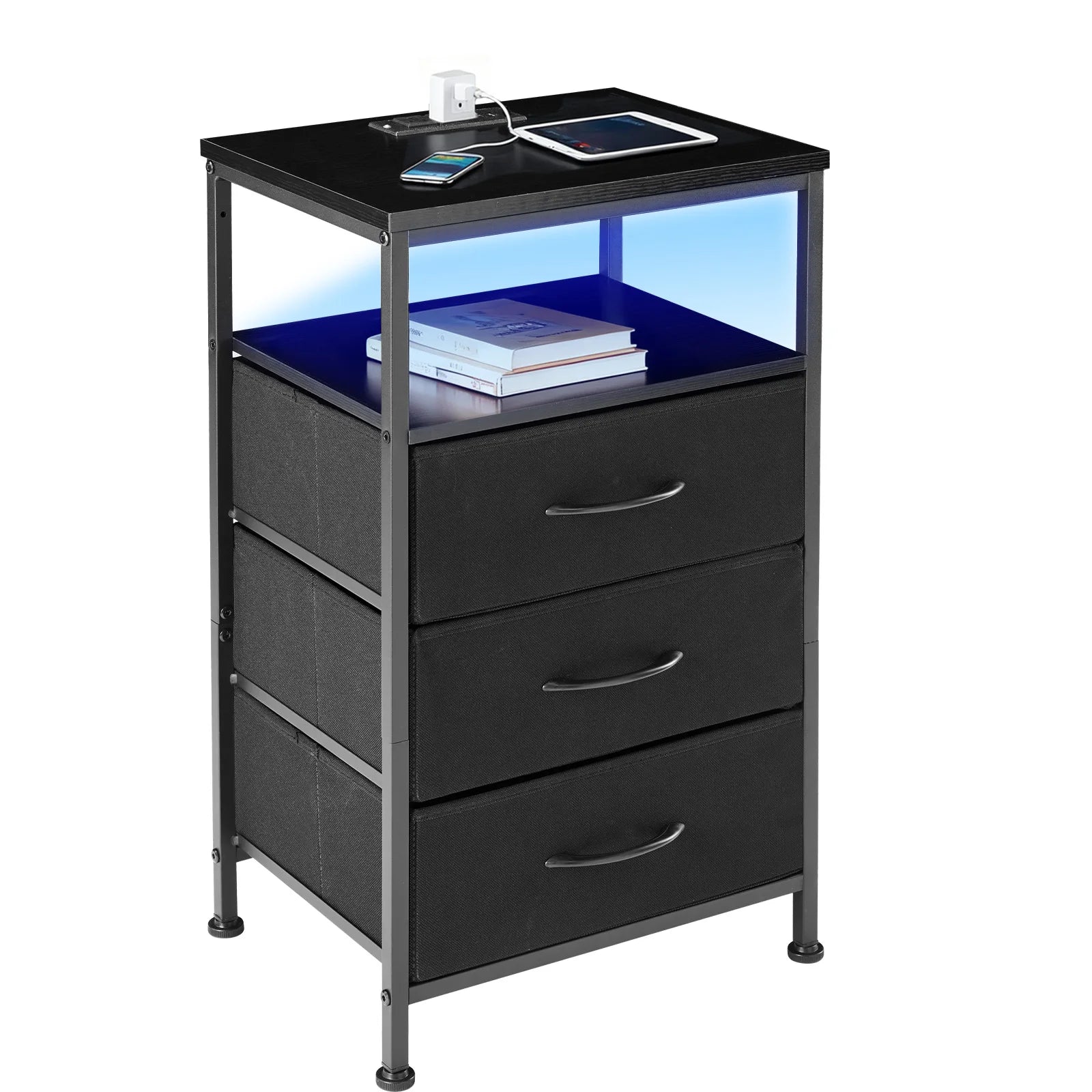 3 =Drawer Fabric Nightstand with Charging Station, USB-C Ports & Outlets