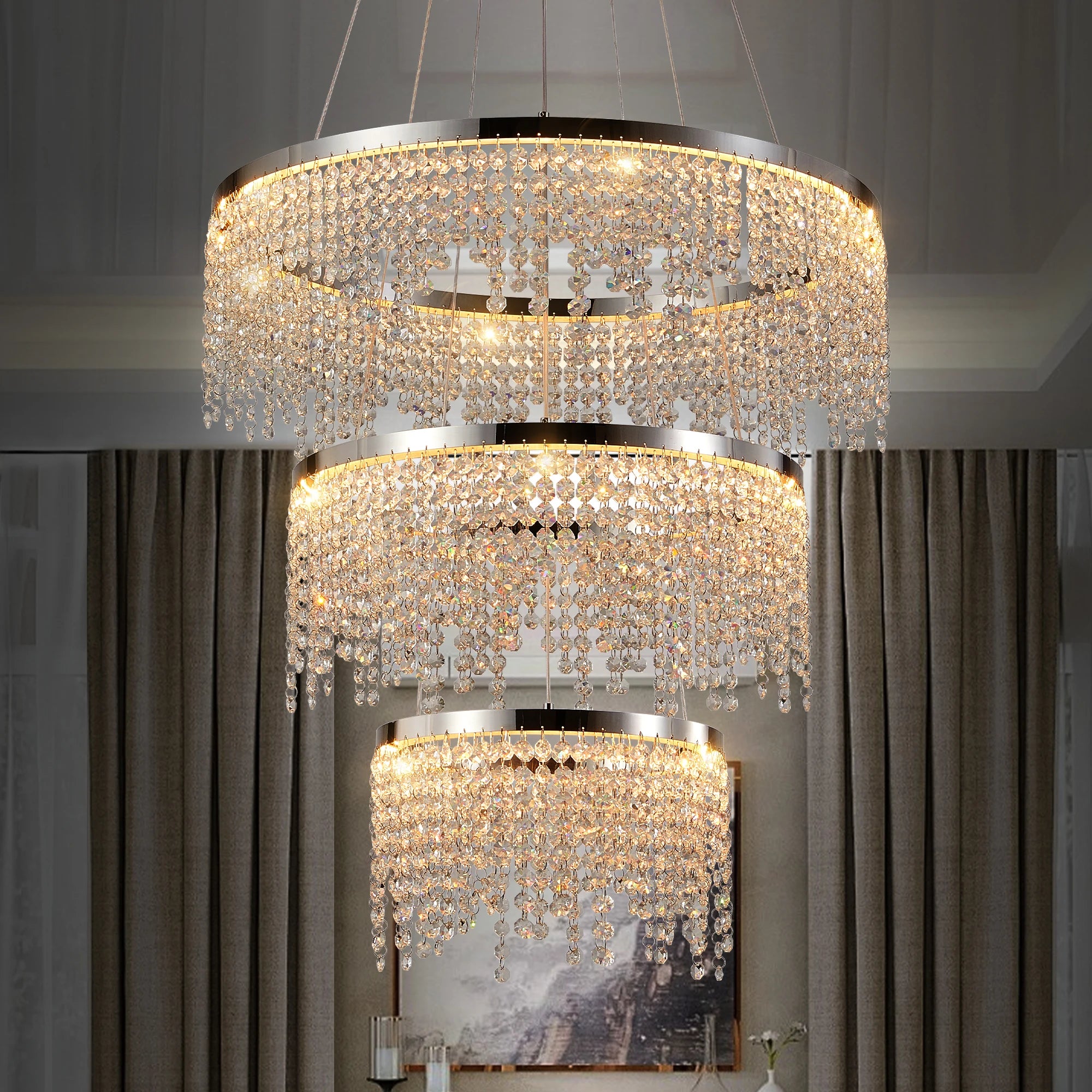 23.6-inch Crystal Chandelier, Dimmable Led Ceiling Lamp, Adjustable Color Temperature & HeightAdjustable Color Temperature & Height