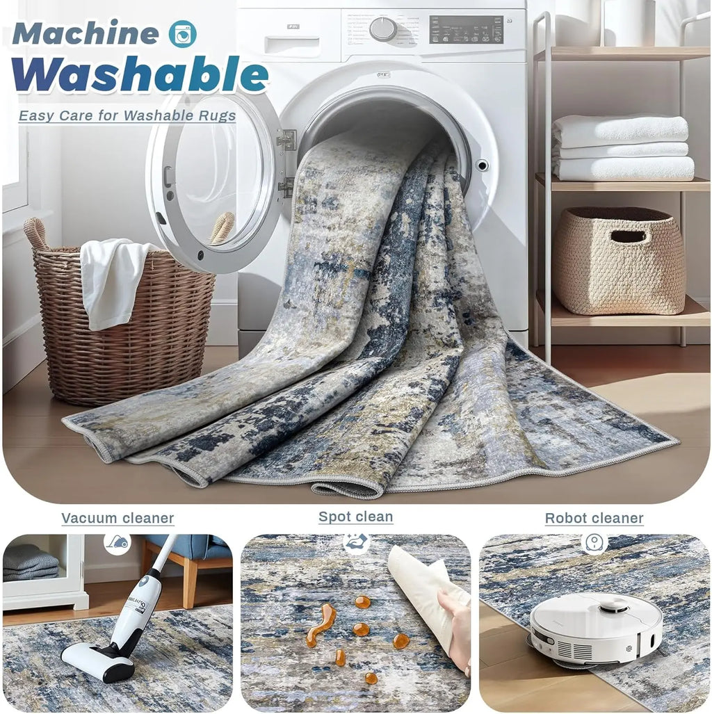 8x10 Washable Modern Abstract Neutral Area Rug - Soft, Non-Slip,