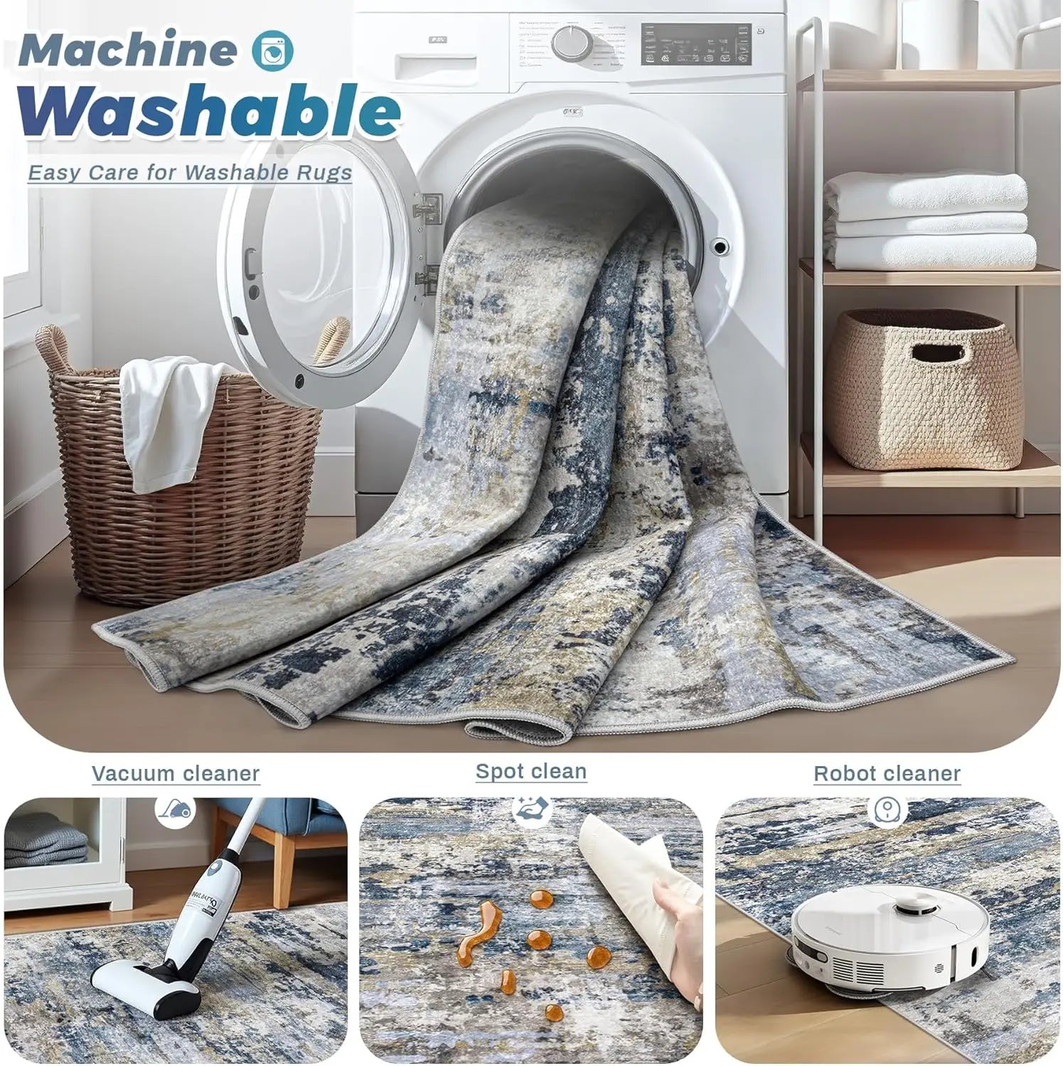 8x10 Washable Modern Abstract Neutral Area Rug - Soft, Non-Slip,