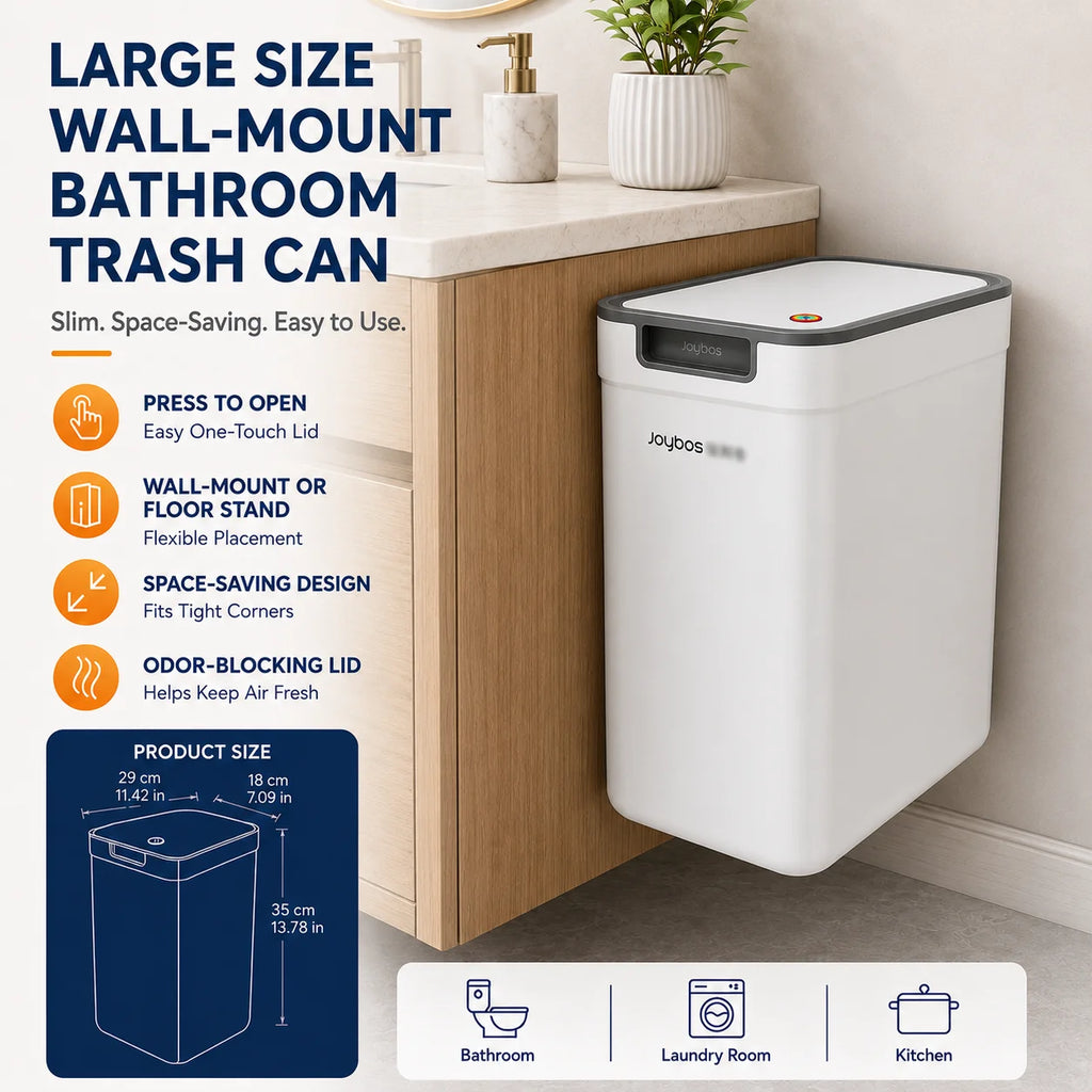 Dual-Use Wall Mounted or Floor Standing Slim  Trash Can with Lid, No-Drill,  Hanging Bin For Bathroom,  Kitchen or  Cabinet Door,
