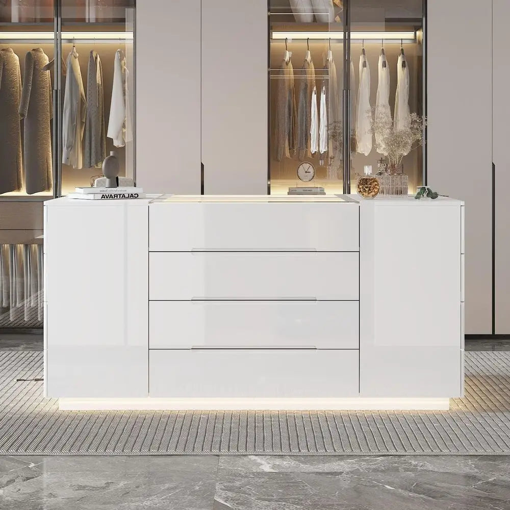 Bedroom Island Wardrobe Closet Dresser with 16 Drawers  Glass Tabletop,  with Jewelry Organizer,