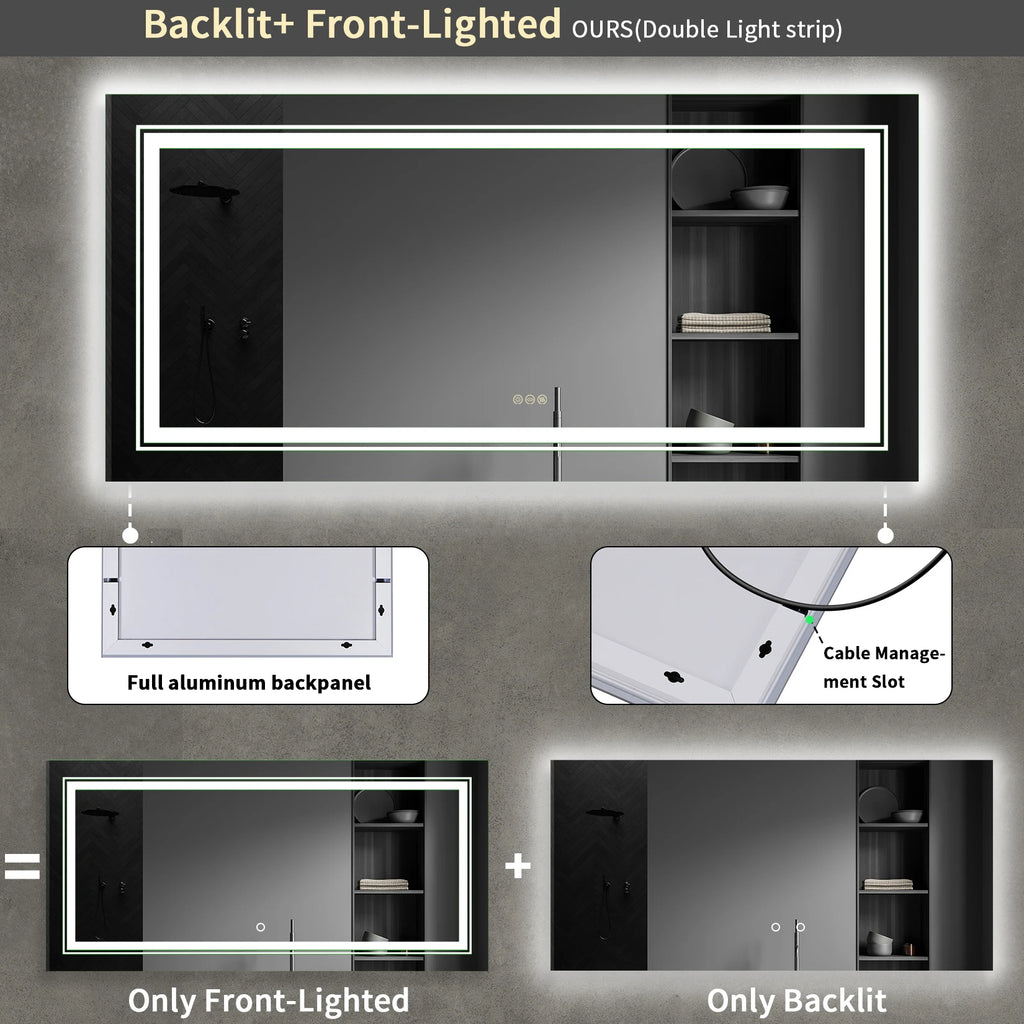 Extra Large Rectangle Bathroom Mirror LED  Dimmable Backlit Anti-Fog Memory with Front and Backlight Shatter-Proof