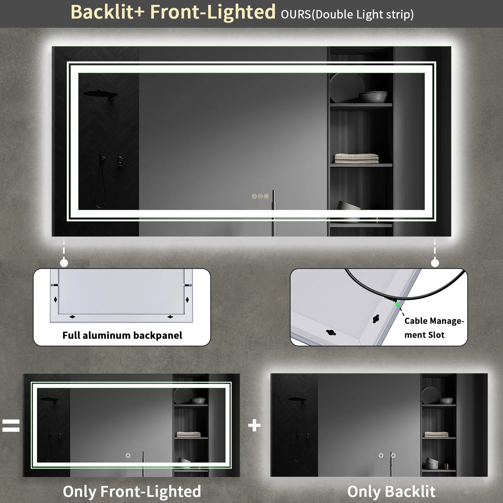 Extra Large Rectangle Bathroom Mirror LED  Dimmable Backlit Anti-Fog Memory with Front and Backlight Shatter-Proof