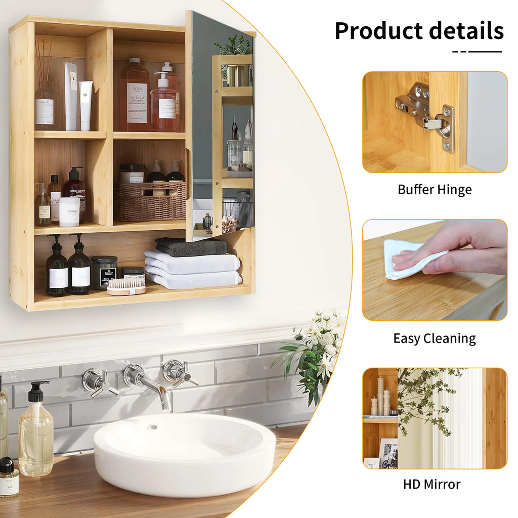 Bathroom Bamboo  Mirror Wall Medicine Cabinet Storage Shelves
