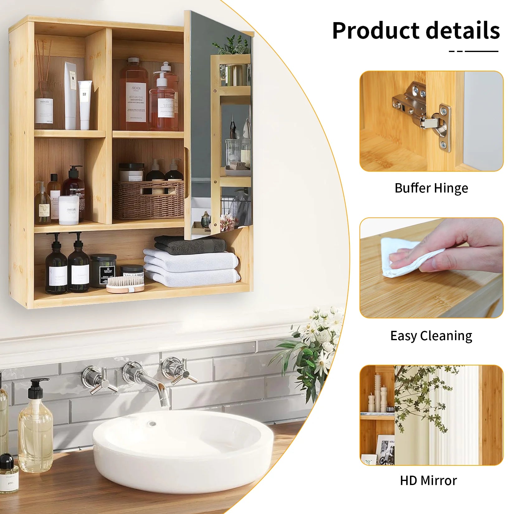 Bathroom Bamboo  Mirror Wall Medicine Cabinet Storage Shelves