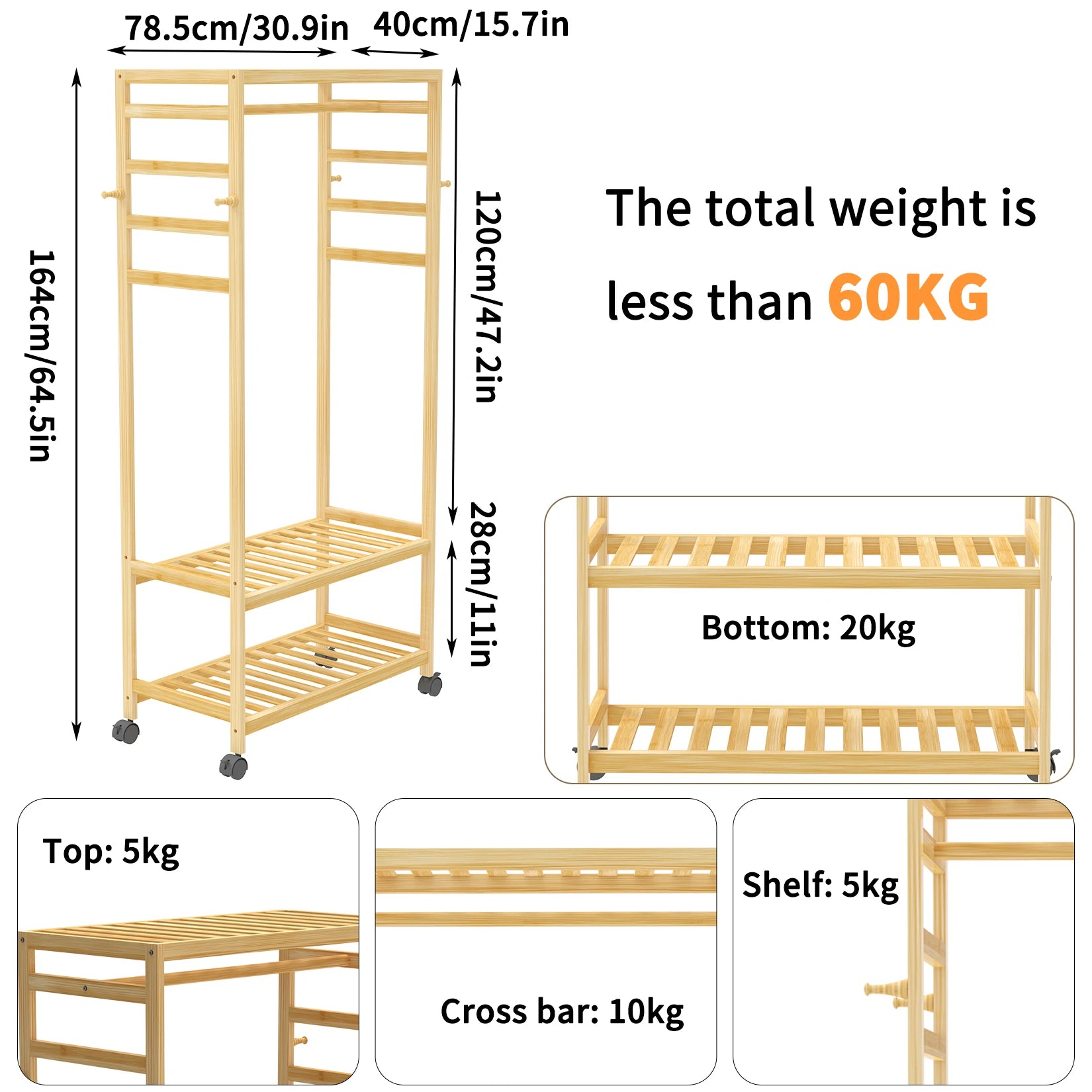 Heavy Duty Wooden Clothes Rail Rack Hanging Stand Side Hooks