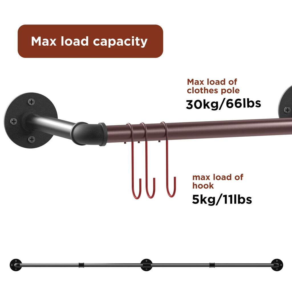 70.8 Inch Industrial Pipe Clothing Rack Wall Mounted