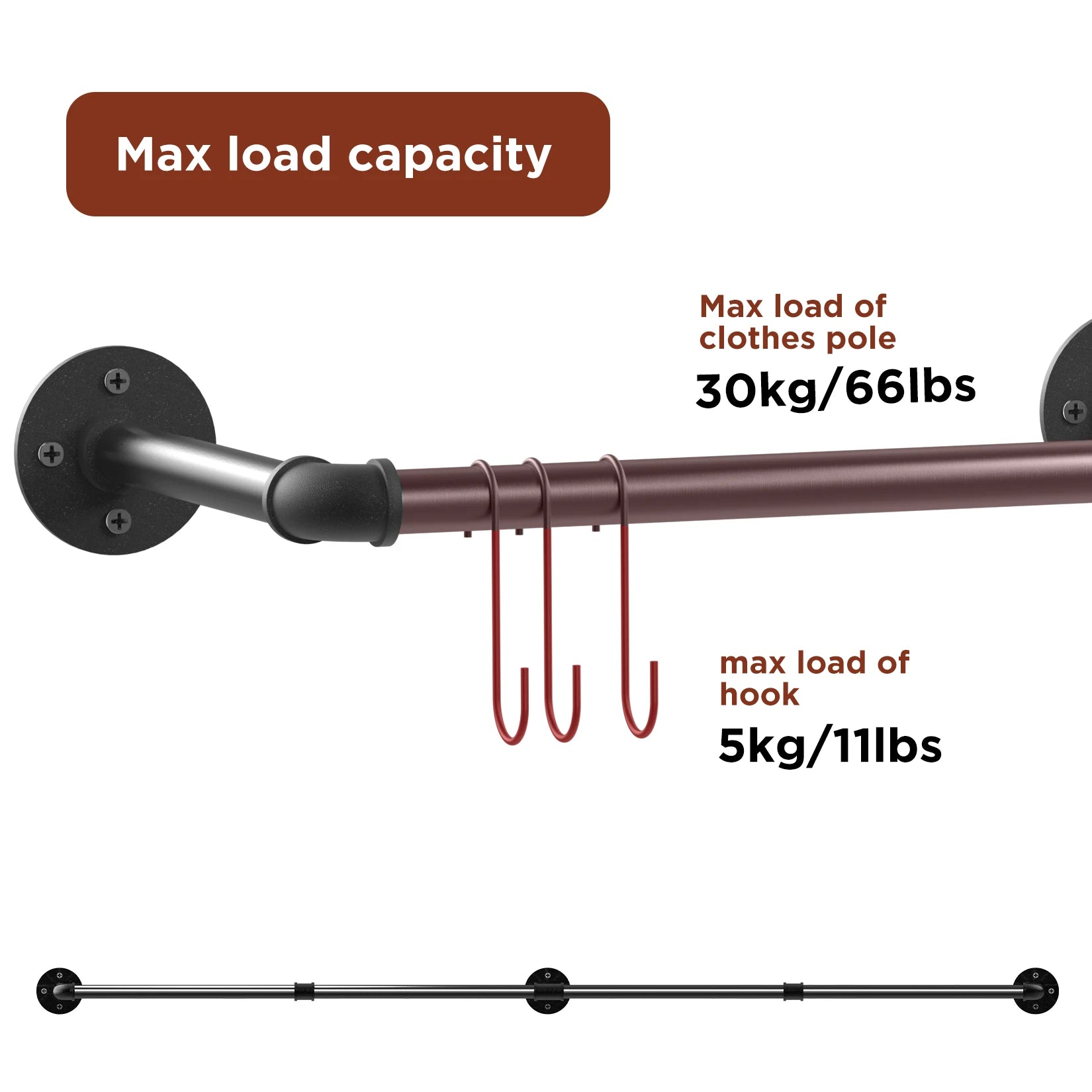 70.8 Inch Industrial Pipe Clothing Rack Wall Mounted