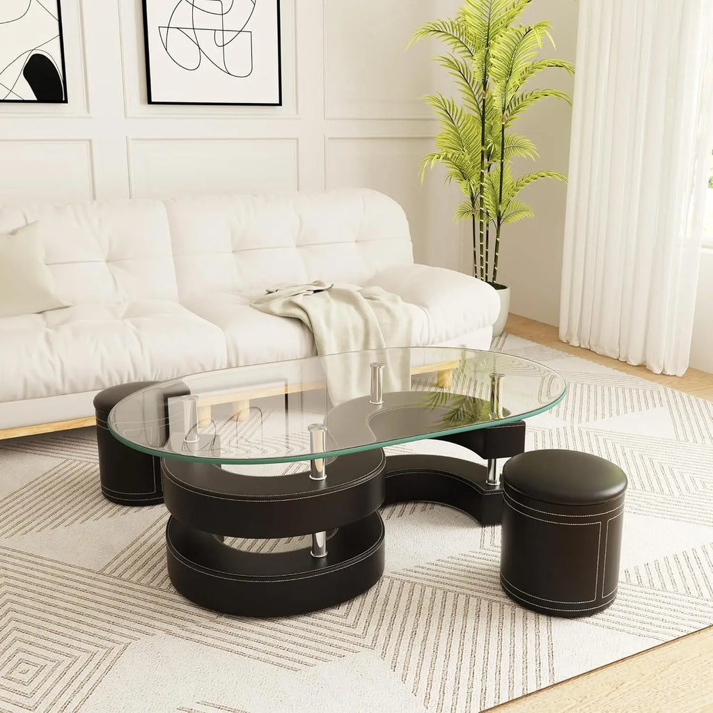 Modern oval glass coffee table set with 2 stools & tempered glass top