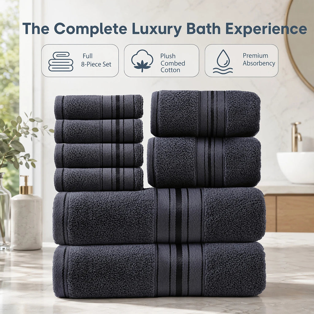 8 Piece Luxury Plush Towel Set, Super Absorbent, Quick Dry, 100% Ring-Spun Cotton, Bath, Hand & Washcloths