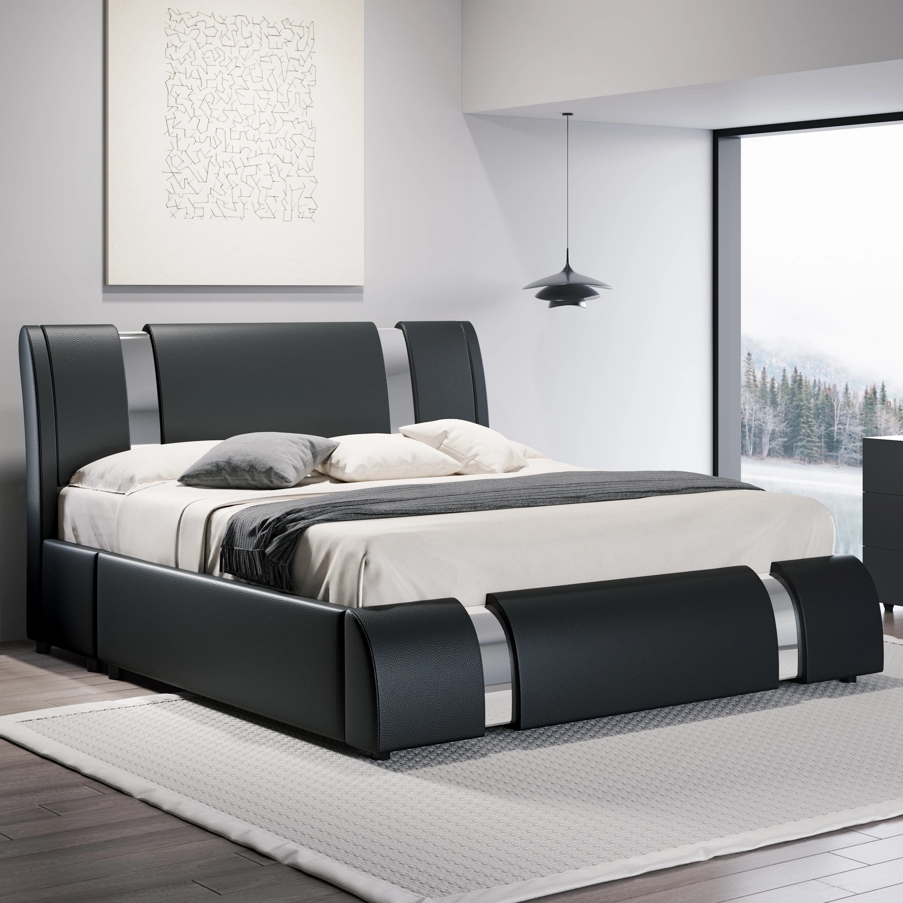 Faux Leather Bed Frame with Iron Pieces Decor, Low Platform  with Height-Adjustable Headboard