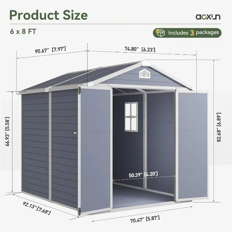 8 x 6 FT Outdoor Storage Resin Shed with Window, Floor & Lockable Doors, Waterproof Plastic Tool