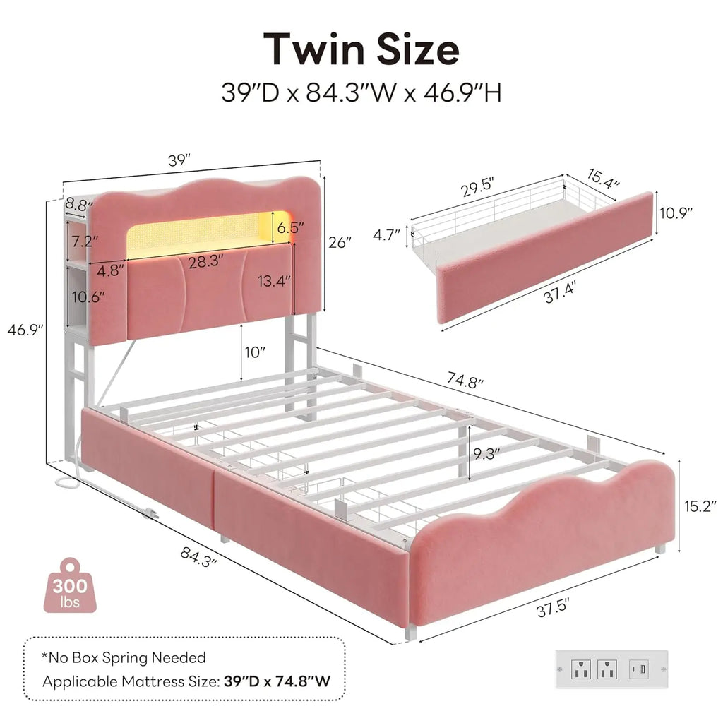 Twin LED Bed Frame ,  Bookcase , Headboard 2 drawers,  Velvet Platform.  Charging Station ,  No Box Spring