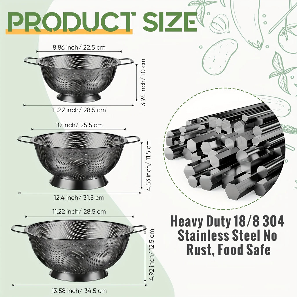 3pcs Stainless Steel Colander Bowl And Sieves 1/3/5 Quart Metal Mesh Strainer Net Basket With Handles