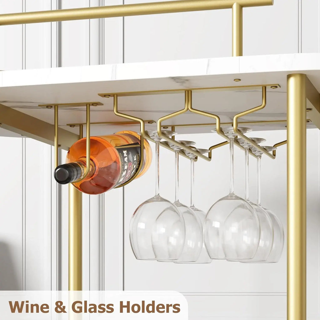 Gold Bar Carts with 4-Tiers Storage Shelves Mobile Serving Carts On Wheels  Glass Holder for Kitchen