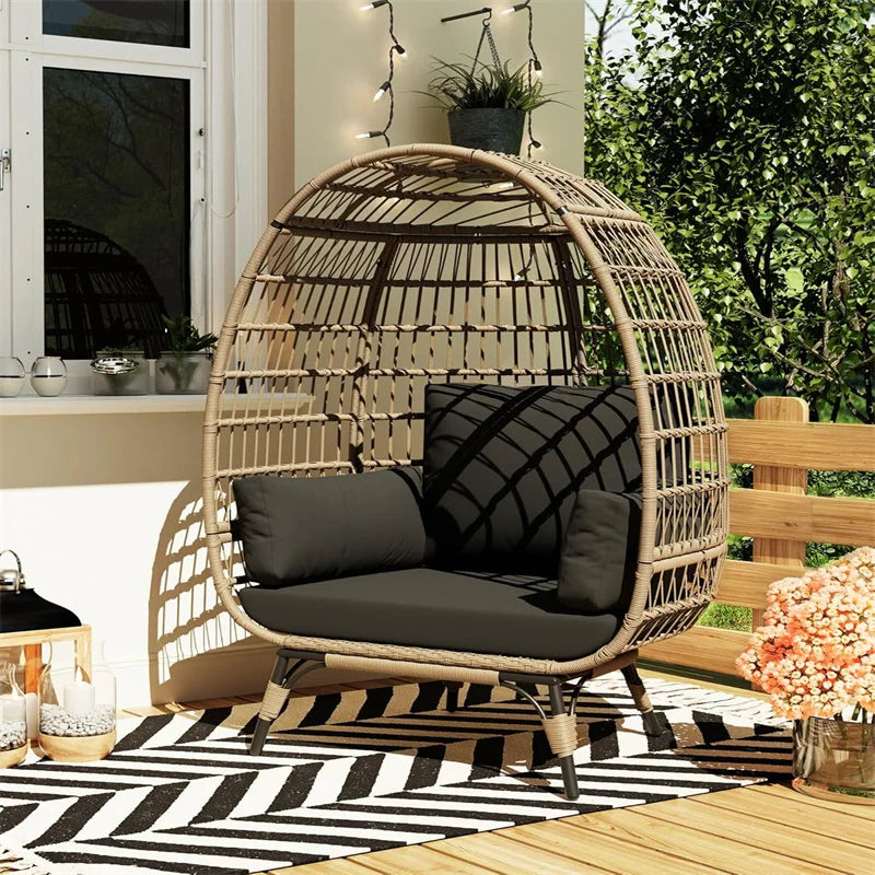 Oversized wicker Egg  patio lounge chair with Cushions & Steel Frame, Rattan