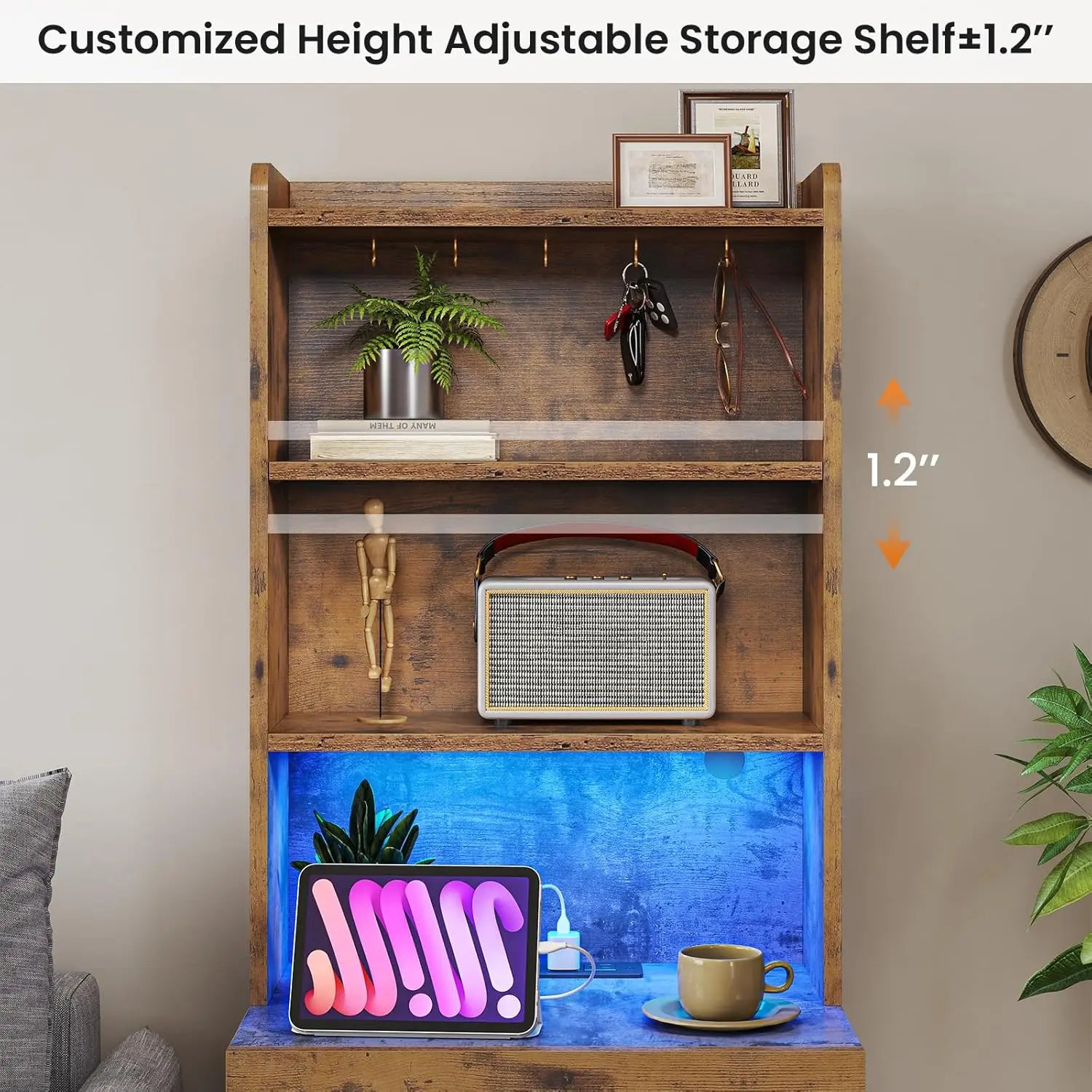 Tall LED Nightstand with Charging Station,  Rustic brown, Bedside Table