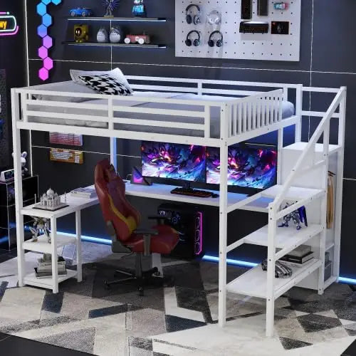 Queen  Metal Loft Bed with Stairs,  Storage, Wardrobe,& Bedside Shelf