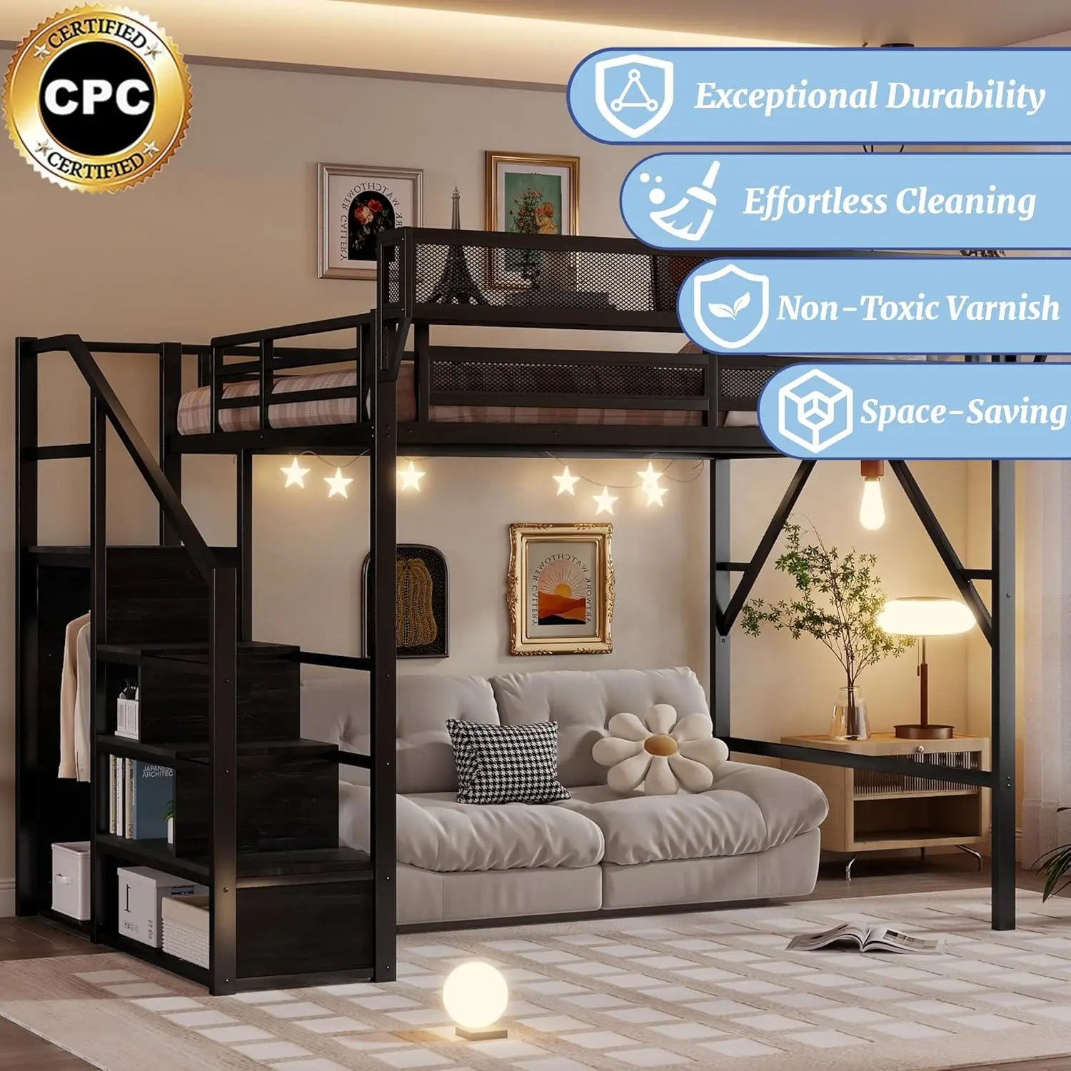Queen  Metal Loft Bed with Stairs,  Storage, Wardrobe,& Bedside Shelf